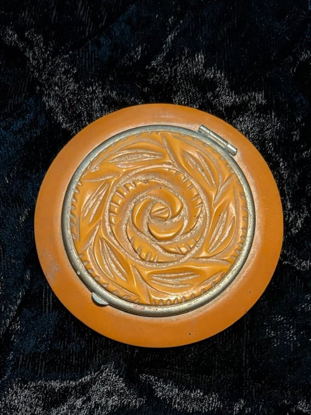 1930s Vintage Butterscotch Orange Bakelite Powder Compact Carved Rose Motif